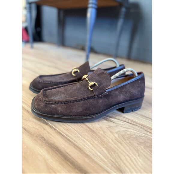 Gucci Mens Dark Brown Chocolate Suede Gold Horse-bit Buckle Loafers Size 10 - Picture 13 of 14